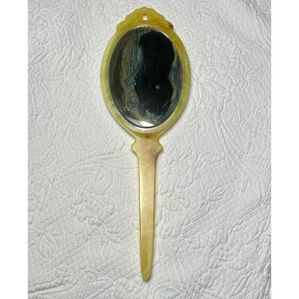 Vintage Art Deco Hand Mirror Gilt Fan Motif Celluloid 1920–30 Original Glass